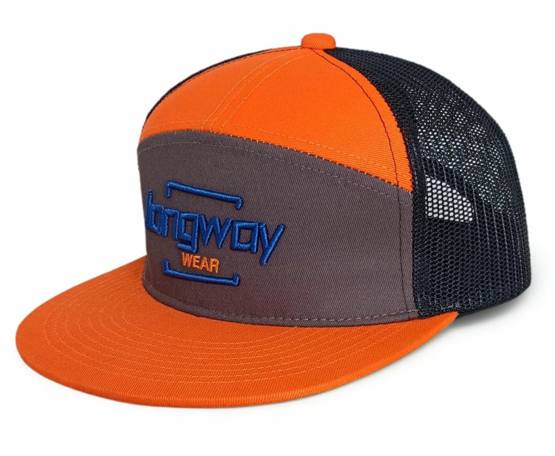 7 panel orange flat brim 3D embroidery logo trucker hat snapback cap