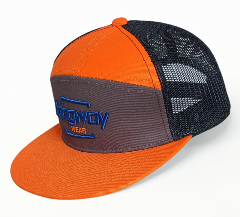7 panel orange flat brim 3D embroidery logo trucker hat snapback cap