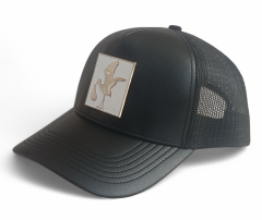 Custom black leather mesh hat metal patch logo high quality trucker cap hat