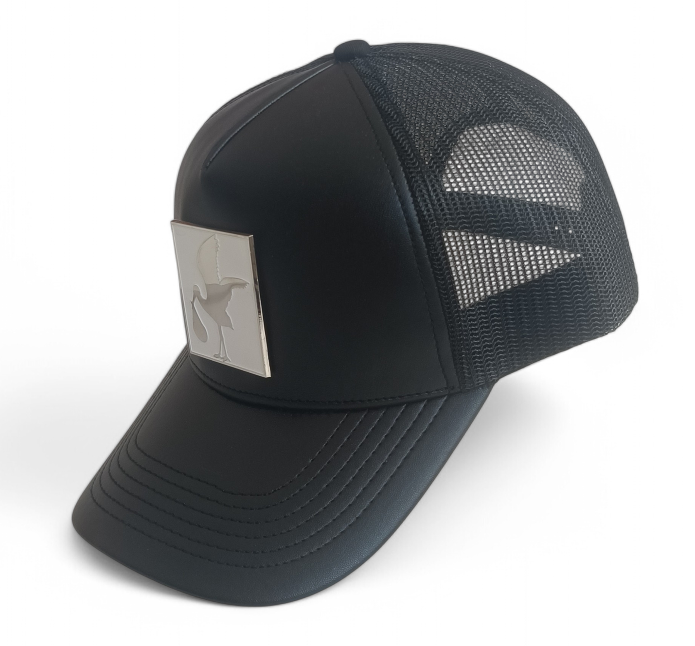 Custom black leather mesh hat metal patch logo high quality trucker cap hat