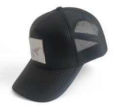 Custom black leather mesh hat metal patch logo high quality trucker cap hat