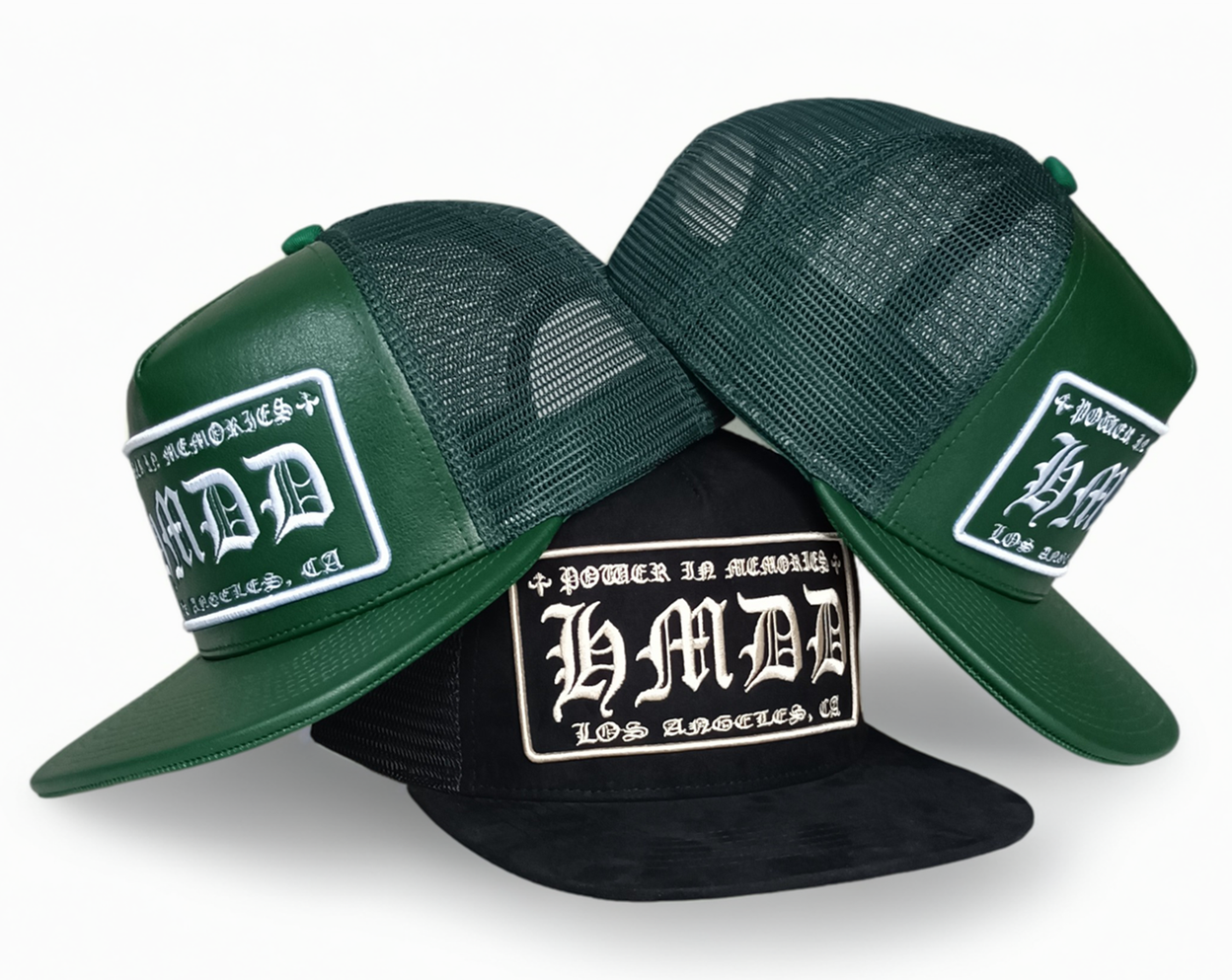 Custom 5 panel heavy green leather flat brim cap mesh snapback trucker hat