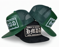 Custom 5 panel heavy green leather flat brim cap mesh snapback trucker hat