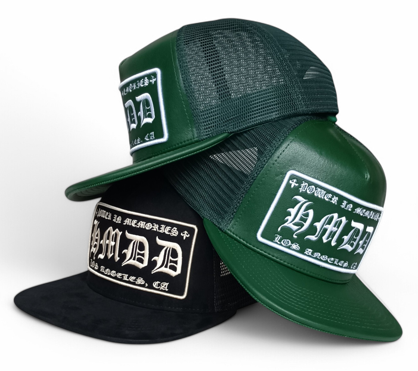 Custom 5 panel heavy green leather flat brim cap mesh snapback trucker hat