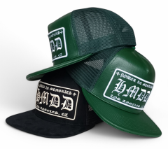 Custom 5 panel heavy green leather flat brim cap mesh snapback trucker hat