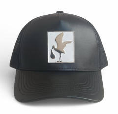 Custom black leather mesh hat metal patch logo high quality trucker cap hat