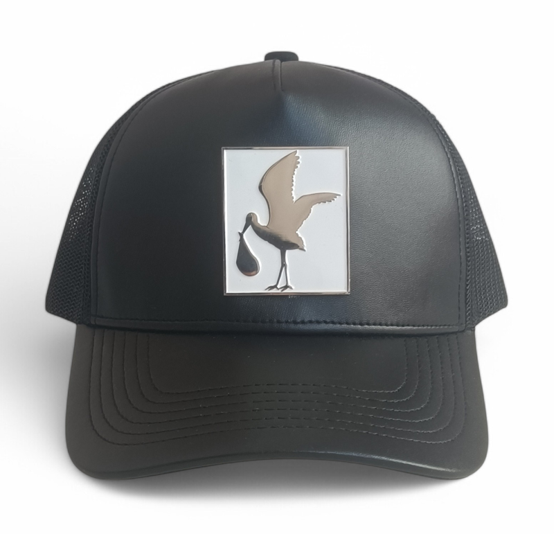 Custom black leather mesh hat metal patch logo high quality trucker cap hat