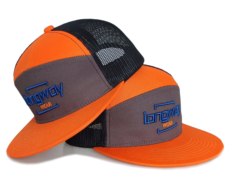 7 panel orange flat brim 3D embroidery logo trucker hat snapback cap