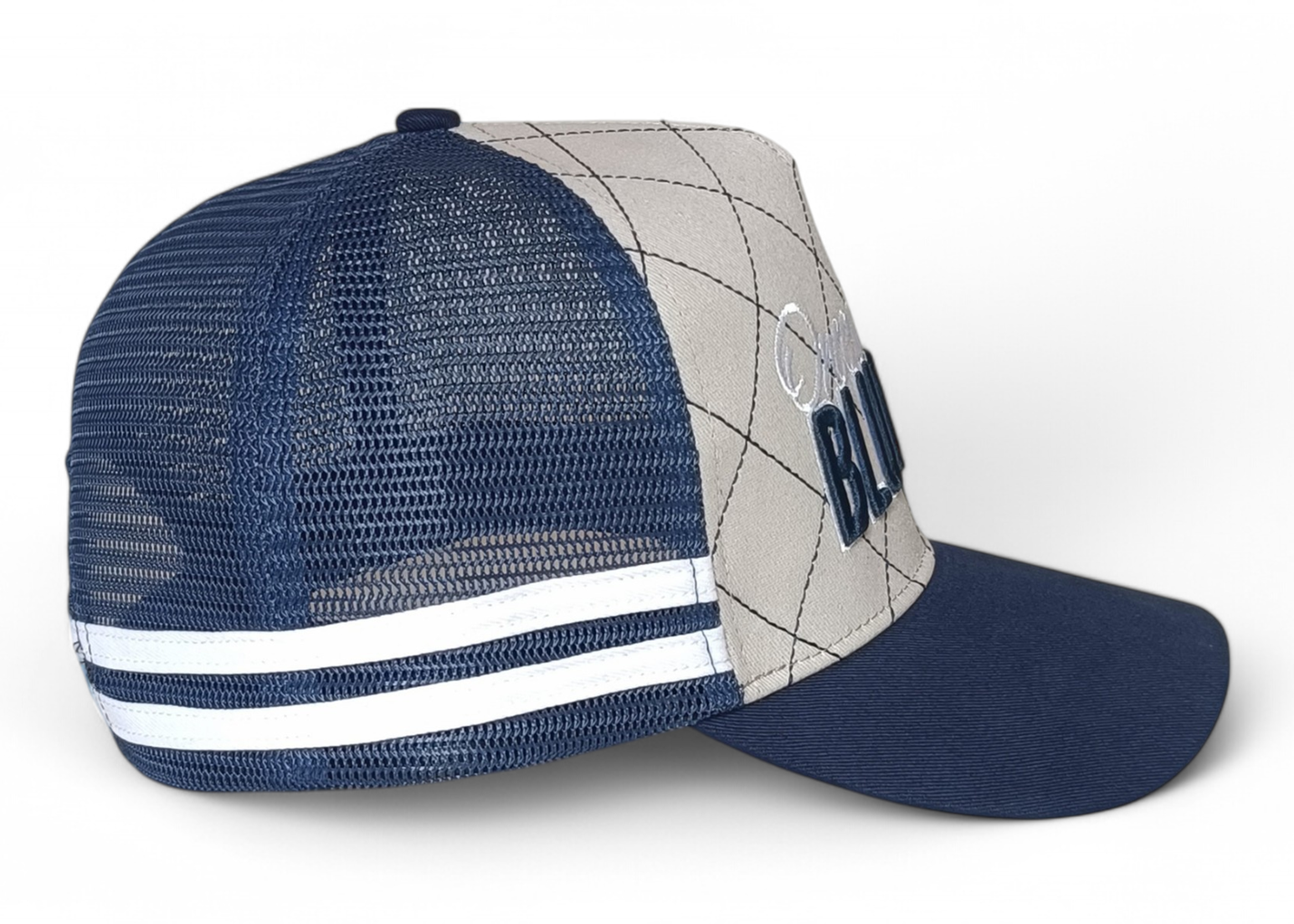 Wholesale Custom 5 Panel High Profile Crown Striped Mesh Trucker Cap Front Diamond Stitching Australia Country Trucker Cap Hat