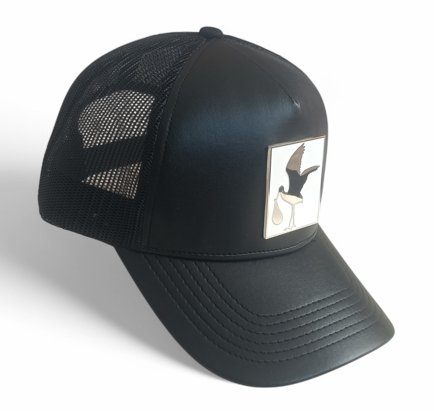 Custom black leather mesh hat metal patch logo high quality trucker cap hat