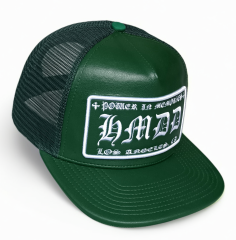 Custom 5 panel heavy green leather flat brim cap mesh snapback trucker hat