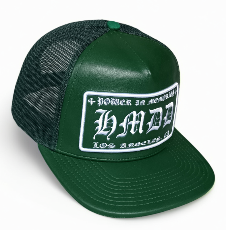 Custom 5 panel heavy green leather flat brim cap mesh snapback trucker hat