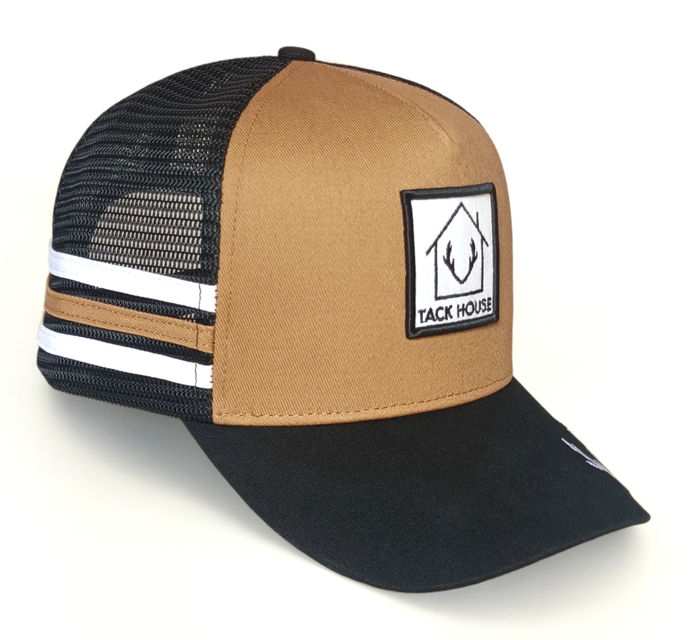 Custom 5 panel high profile brown 3 stripes hat Australia country trucker cap