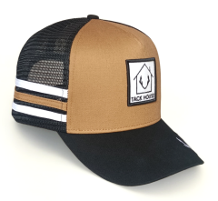 Custom 5 panel high profile brown 3 stripes hat Australia country trucker cap