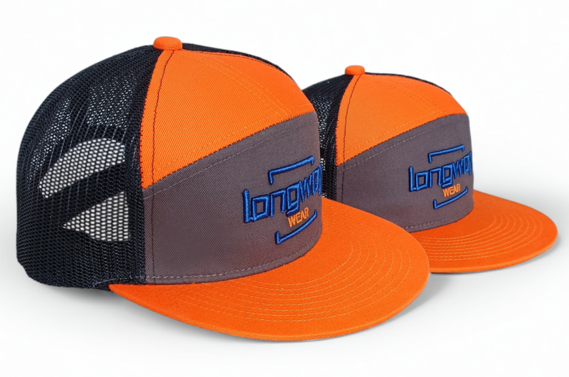 7 panel orange flat brim 3D embroidery logo trucker hat snapback cap