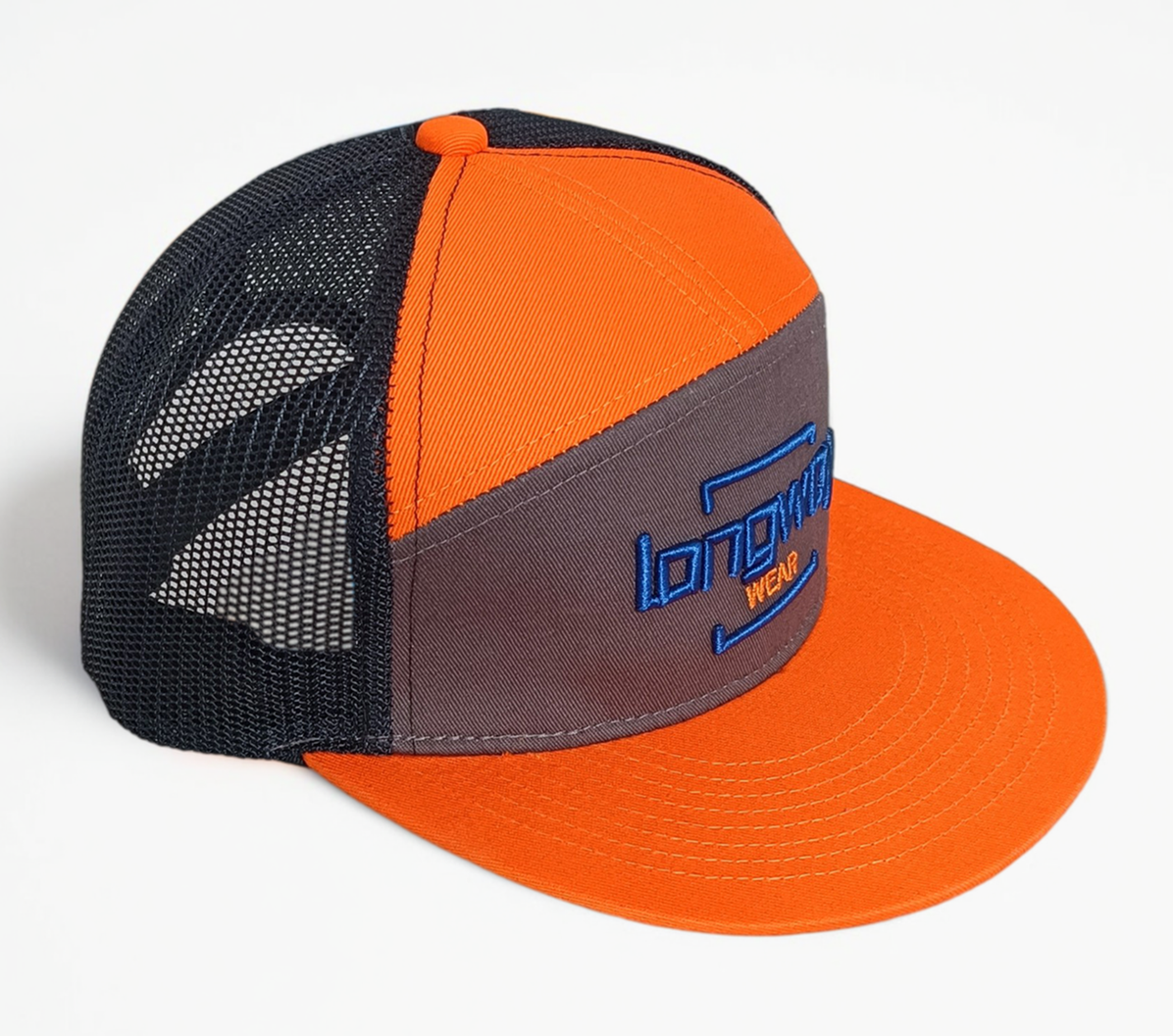 7 panel orange flat brim 3D embroidery logo trucker hat snapback cap
