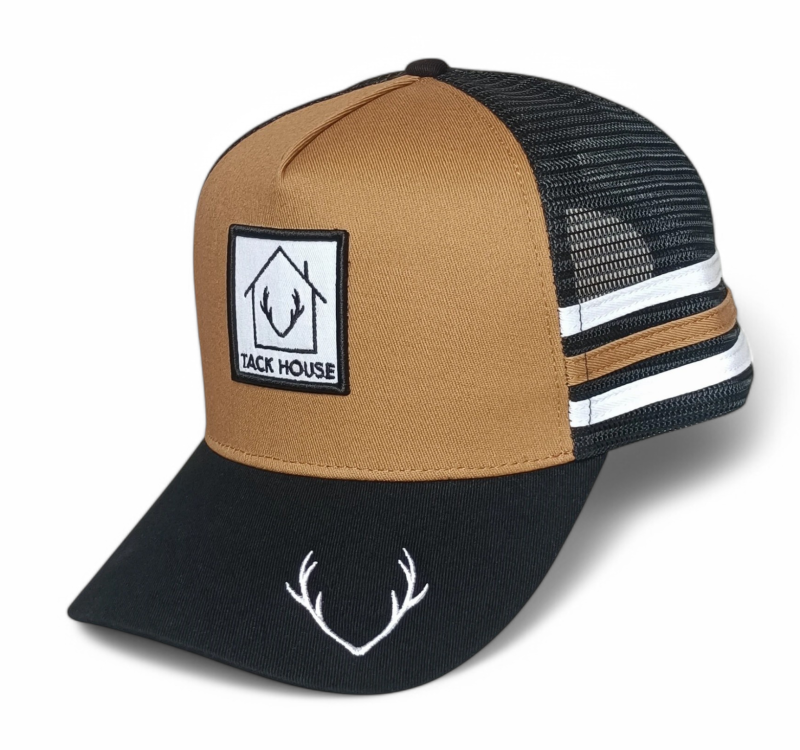 Custom 5 panel high profile brown 3 stripes hat Australia country trucker cap