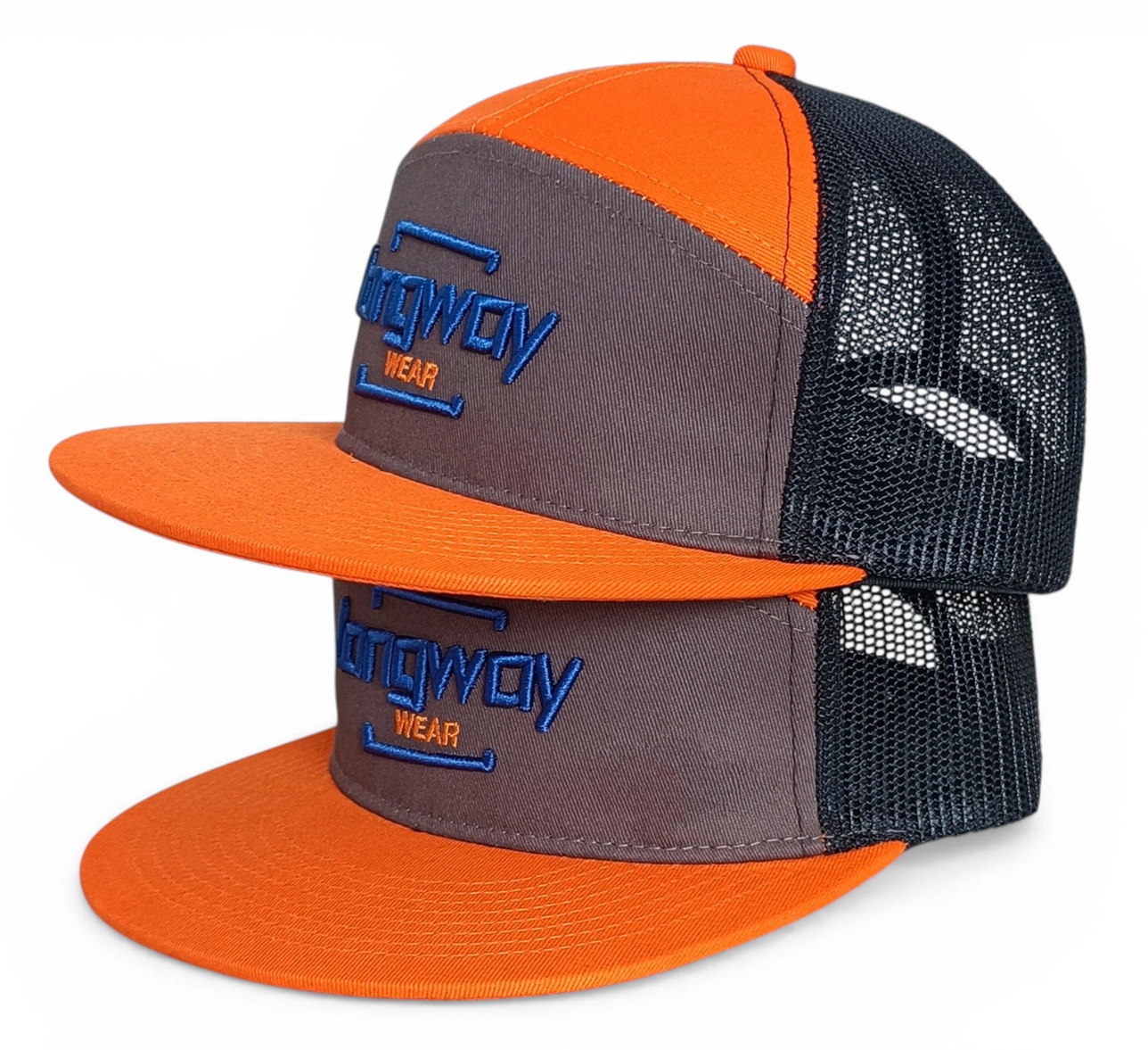 7 panel orange flat brim 3D embroidery logo trucker hat snapback cap