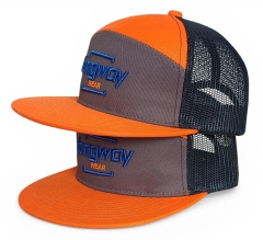7 panel orange flat brim 3D embroidery logo trucker hat snapback cap