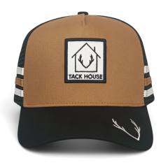 Custom 5 panel high profile brown 3 stripes hat Australia country trucker cap