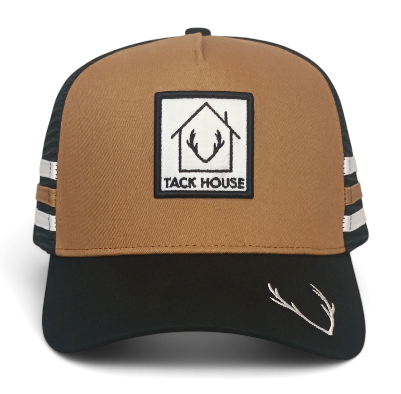 Custom 5 panel high profile brown 3 stripes hat Australia country trucker cap