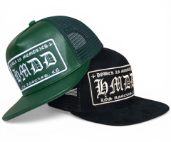 Custom 5 panel heavy green leather flat brim cap mesh snapback trucker hat