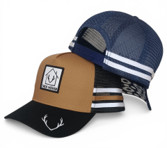 Custom 5 panel high profile brown 3 stripes hat Australia country trucker cap