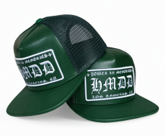 Custom 5 panel heavy green leather flat brim cap mesh snapback trucker hat