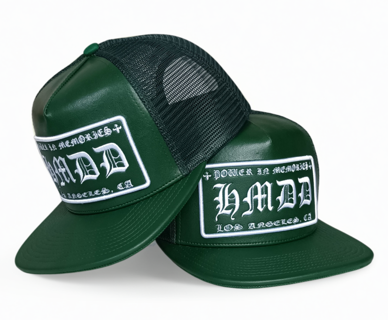 Custom 5 panel heavy green leather flat brim cap mesh snapback trucker hat