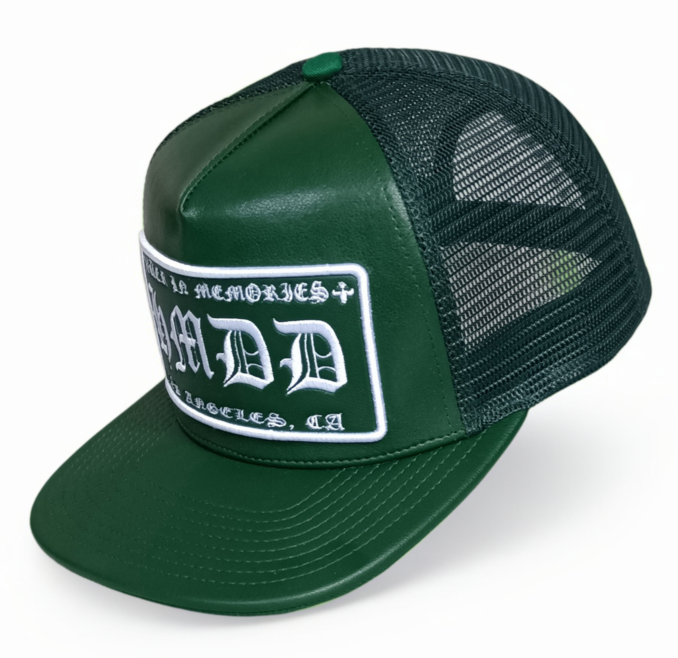 Custom 5 panel heavy green leather flat brim cap mesh snapback trucker hat