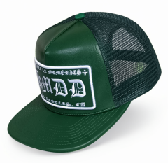 Custom 5 panel heavy green leather flat brim cap mesh snapback trucker hat