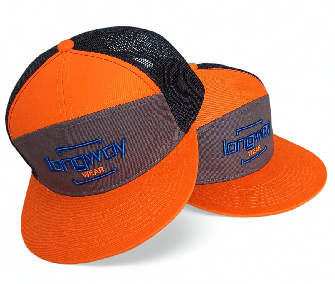7 panel orange flat brim 3D embroidery logo trucker hat snapback cap