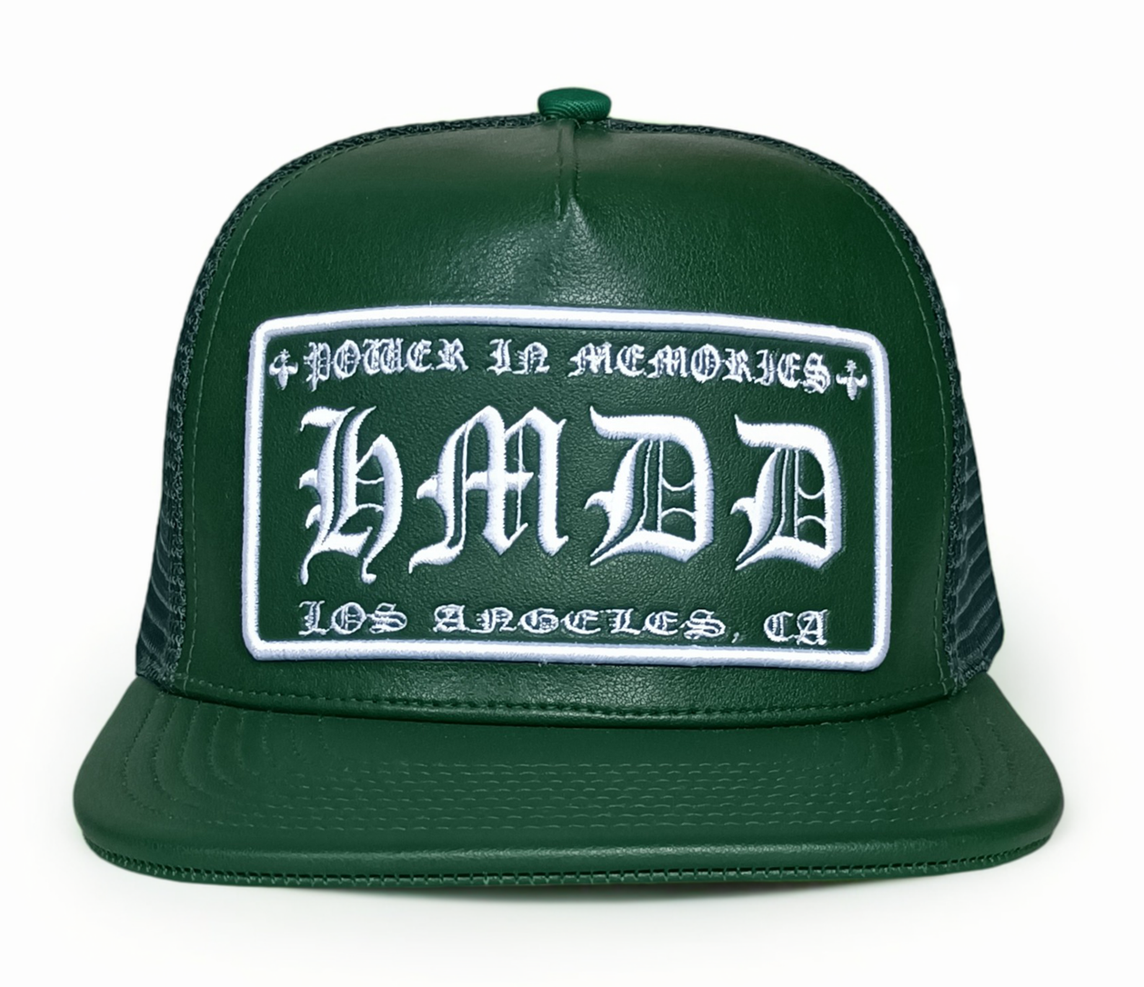 Custom 5 panel heavy green leather flat brim cap mesh snapback trucker hat