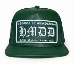 Custom 5 panel heavy green leather flat brim cap mesh snapback trucker hat