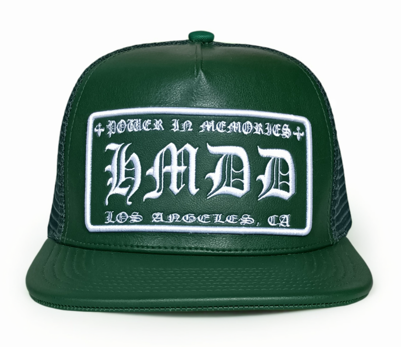 Custom 5 panel heavy green leather flat brim cap mesh snapback trucker hat