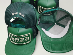 Custom 5 panel heavy green leather flat brim cap mesh snapback trucker hat