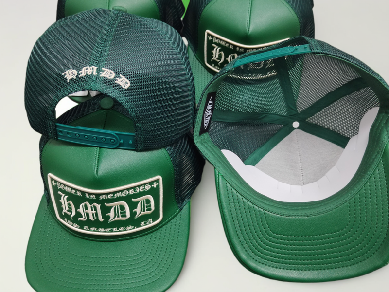 Custom 5 panel heavy green leather flat brim cap mesh snapback trucker hat
