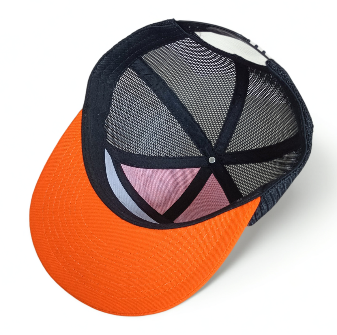 7 panel orange flat brim 3D embroidery logo trucker hat snapback cap