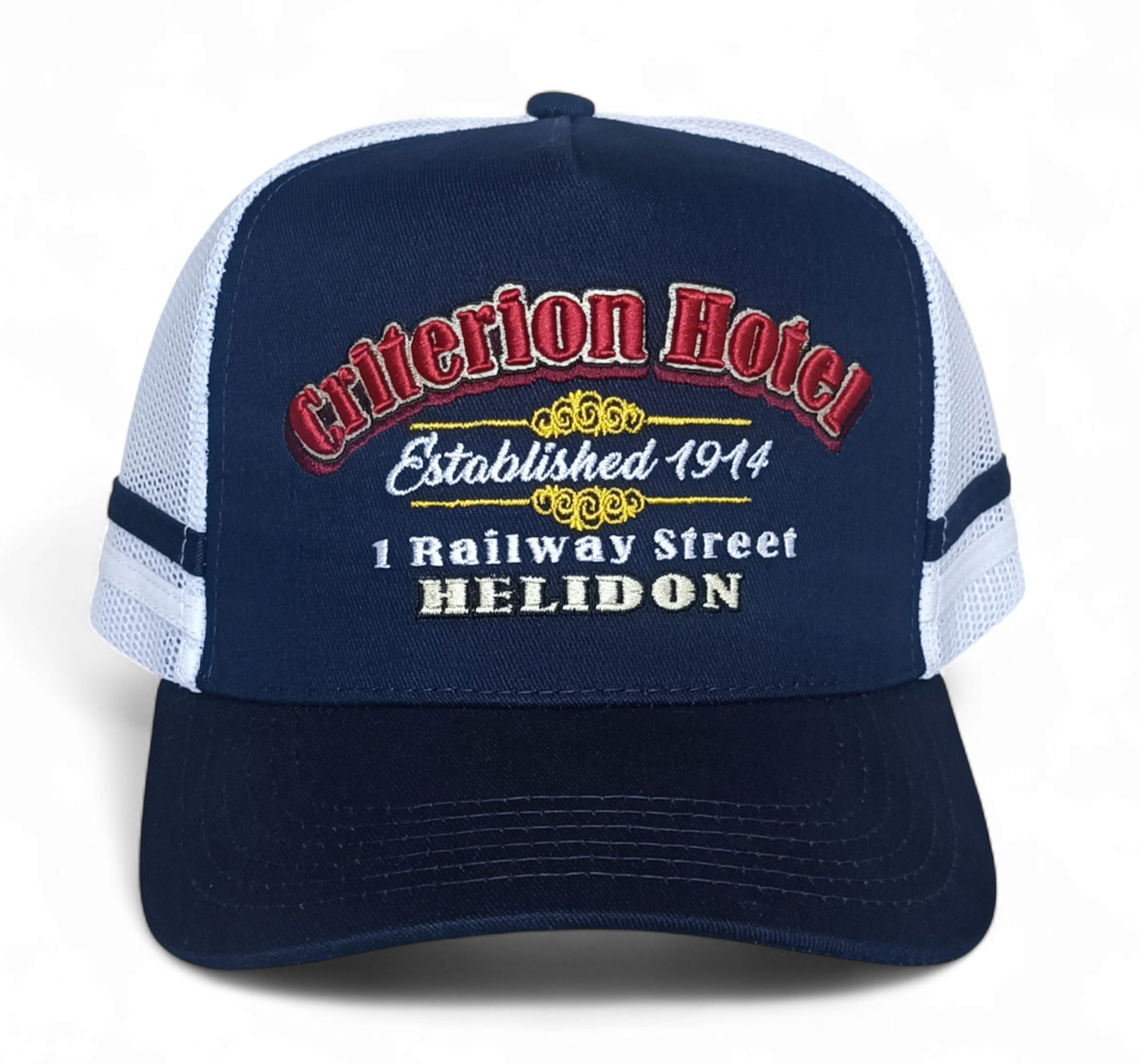 Wholesale Custom High Profile 5 Panel Australia Country 2 Side Stripes 3D Embroidery Logo Navy Outdoor Mesh Trucker Hat Cap
