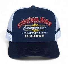 Wholesale Custom High Profile 5 Panel Australia Country 2 Side Stripes 3D Embroidery Logo Navy Outdoor Mesh Trucker Hat Cap