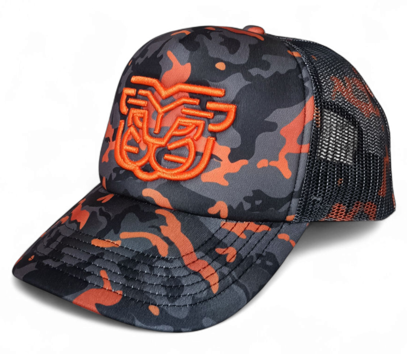 Custom Blank 5 Panel Wholesale Full Printed Camo Orange Unisex Leopard Camo Print Foam Back Mesh Printing Trucker Cap Hats