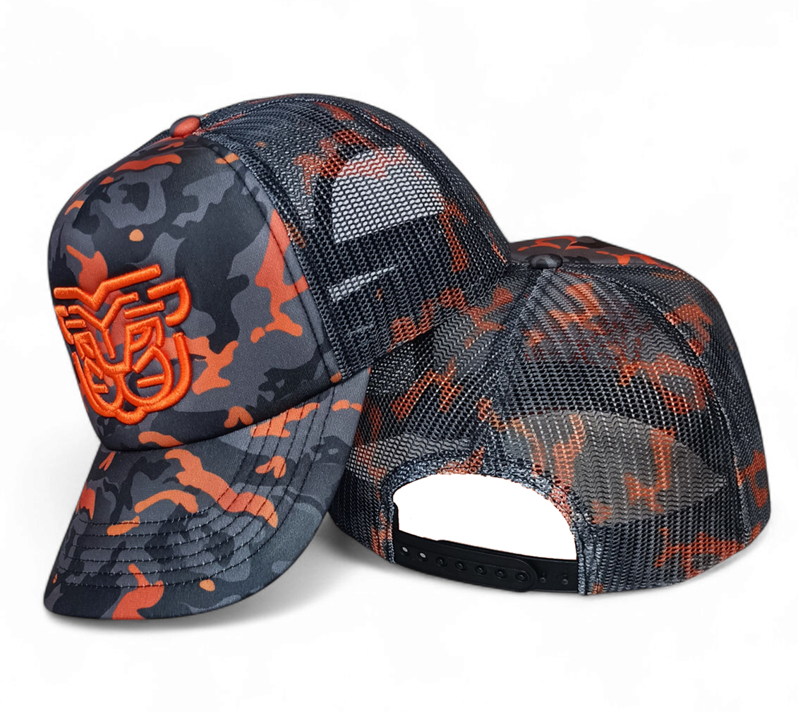 Custom Blank 5 Panel Wholesale Full Printed Camo Orange Unisex Leopard Camo Print Foam Back Mesh Printing Trucker Cap Hats