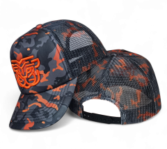 Custom Blank 5 Panel Wholesale Full Printed Camo Orange Unisex Leopard Camo Print Foam Back Mesh Printing Trucker Cap Hats