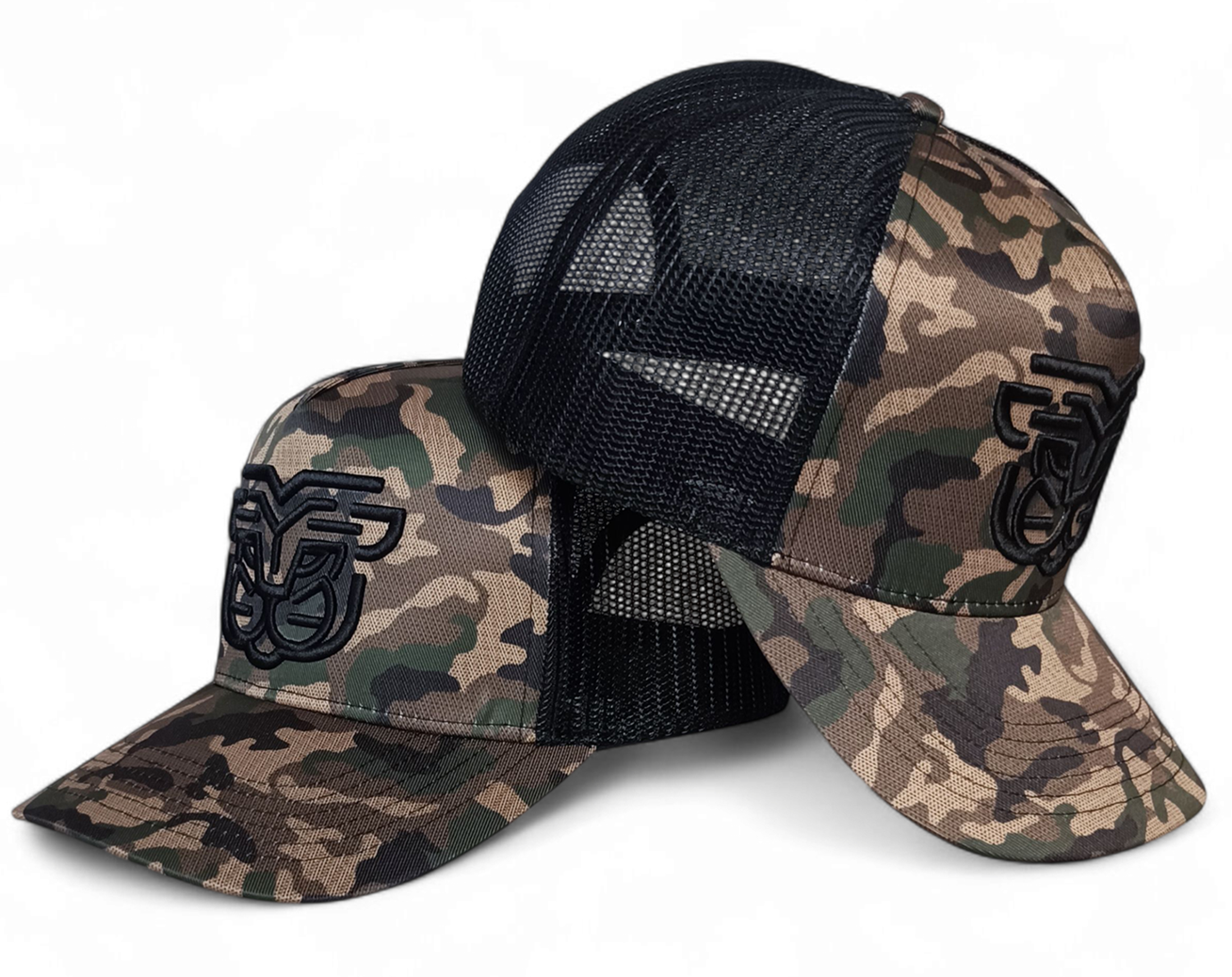 Custom Snap Back Printed Camo Trucker Hat 3D Embroidery High Quality Adult Camouflage 5 Panel Mesh Trucker Cap