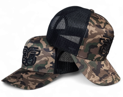 Custom Snap Back Printed Camo Trucker Hat 3D Embroidery High Quality Adult Camouflage 5 Panel Mesh Trucker Cap