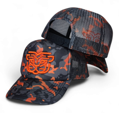 Custom Blank 5 Panel Wholesale Full Printed Camo Orange Unisex Leopard Camo Print Foam Back Mesh Printing Trucker Cap Hats