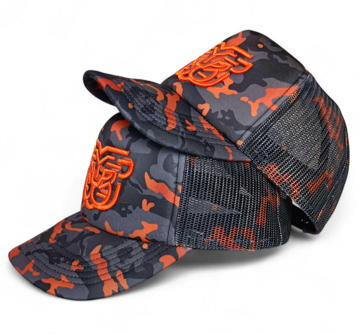 Custom Blank 5 Panel Wholesale Full Printed Camo Orange Unisex Leopard Camo Print Foam Back Mesh Printing Trucker Cap Hats