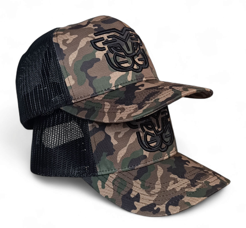 Custom Snap Back Printed Camo Trucker Hat 3D Embroidery High Quality Adult Camouflage 5 Panel Mesh Trucker Cap