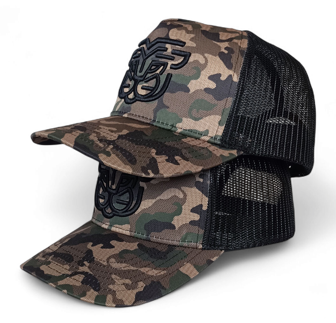 Custom Snap Back Printed Camo Trucker Hat 3D Embroidery High Quality Adult Camouflage 5 Panel Mesh Trucker Cap