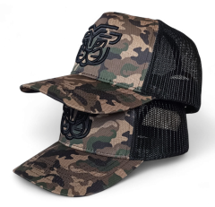 Custom Snap Back Printed Camo Trucker Hat 3D Embroidery High Quality Adult Camouflage 5 Panel Mesh Trucker Cap